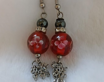 Vintage Red Glass Flower Earrings - Silver Tone Dangle Earrings