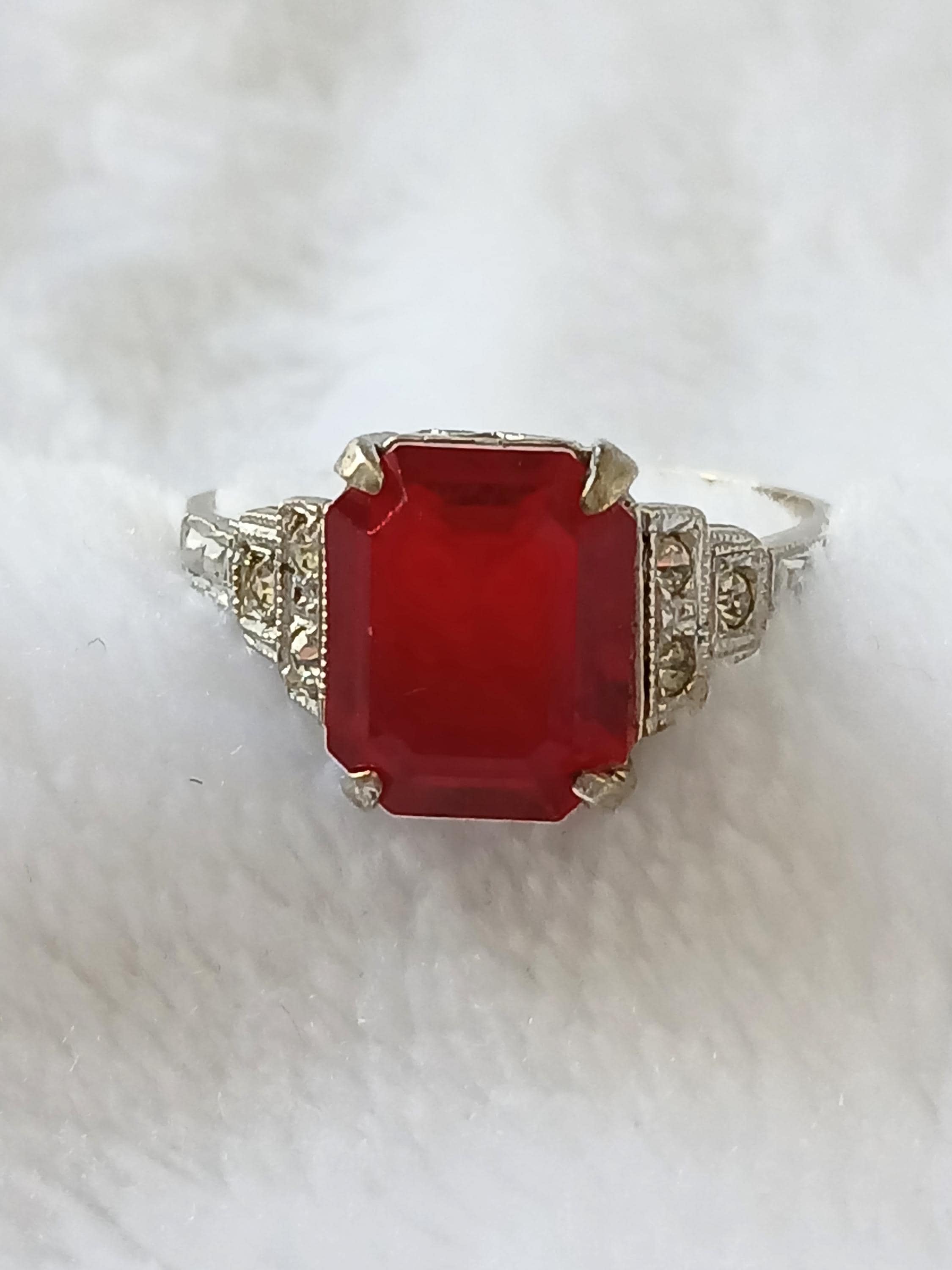 red dress ring 9ct Gold Created Ruby & Diamond Emerald Cut Dress Ring in Red