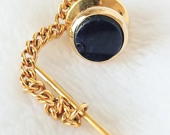 Vintage gold tone tie tack with safety retainer chain