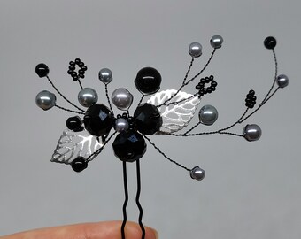 Black Hair Pin with Crystals and Glass Pearls, Black Bridal Hair Accessory