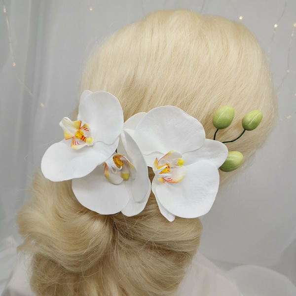 Brindille d'orchidée pour la coiffure de la mariée, ornement de cheveux d'orchidées de mariée, fleur de cheveux de mariage d'orchidée blanche