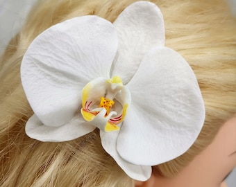 2 White Orchids on Hair Clips, Floral Hair Clips for Wedding, Rustic Bridal Hair Piece