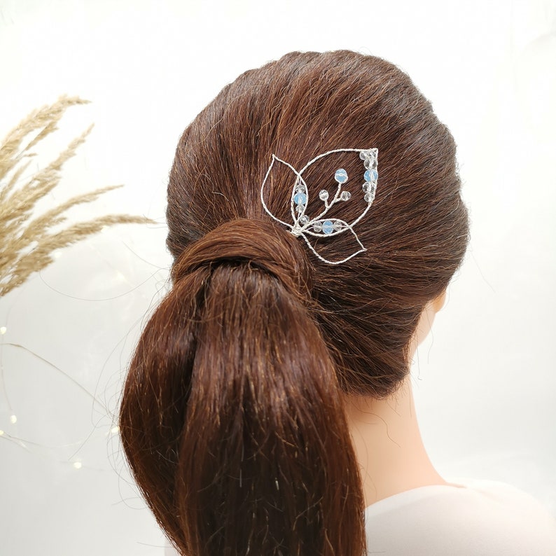 Bladvormige haarspeld met heldere en blauwe glasstenen, Boho Bridal Hairpin afbeelding 5