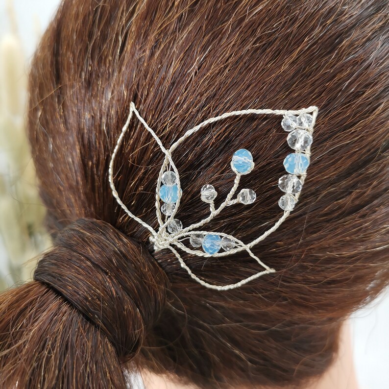 Bladvormige haarspeld met heldere en blauwe glasstenen, Boho Bridal Hairpin afbeelding 2