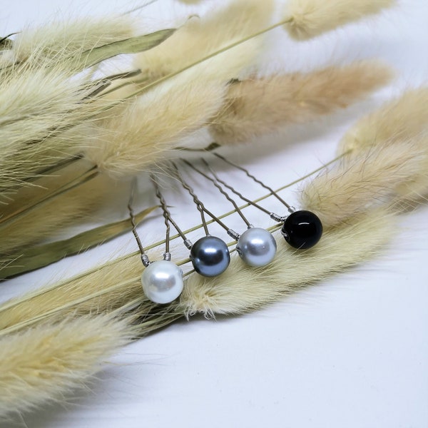 Pearl hair pins set  - White pearl hair pin, Light grey pearl hair pin, Grey pearl hair pin, Black pearl hair pin