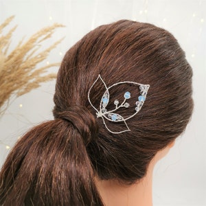 Bladvormige haarspeld met heldere en blauwe glasstenen, Boho Bridal Hairpin afbeelding 1
