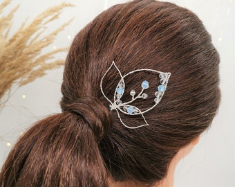 Bladvormige haarspeld met heldere en blauwe glasstenen, Boho Bridal Hairpin