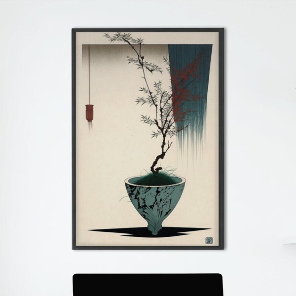 Minimalistisch, Aquarell, ukyio-e, Blüte, trieb, gerahmtes Poster, Japanische Wandkunst, Geschenk, Deko Zuhause oder Büro, Poster, Rahmen