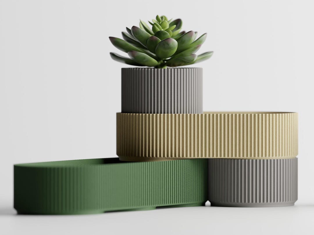 Designer Ribbed Pots Modern 3D Printed Desk Organizer: Ribbed Design With Plant Pot - Etsy