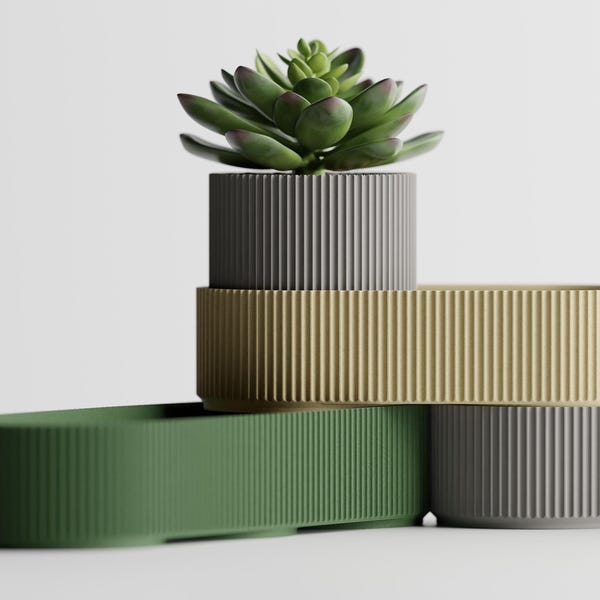 Organizador de mesa moderno impresso em 3D: design canelado com vaso de plantas