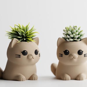 Op de afbeelding: Twee beige katvormige plantenbakken, elk met een vetplant. De potten hebben zwarte ogen, snorharen en een kleine neus. Eén kat zit, de andere ligt. De planten zijn groen.