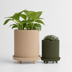 May include: Two cylindrical plant pots with vertical ribbed textures and small feet. The larger pot is light beige and holds a leafy green plant, while the smaller dark olive green pot contains a succulent plant. Each pot includes a matching saucer.