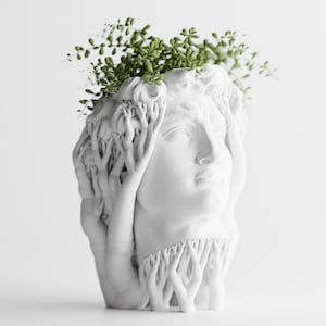 May include: A white matte planter shaped like a classical human head sculpture, featuring multiple hands emerging from the sides and base. The top of the head is open, containing a small green trailing plant with numerous tiny round leaves.