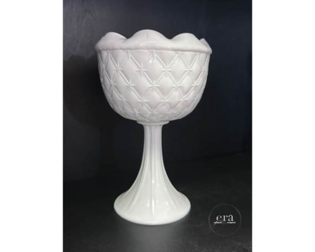VINTAGE Milk Glass Compote Bowl Diamond Quilt Pattern Etsy
