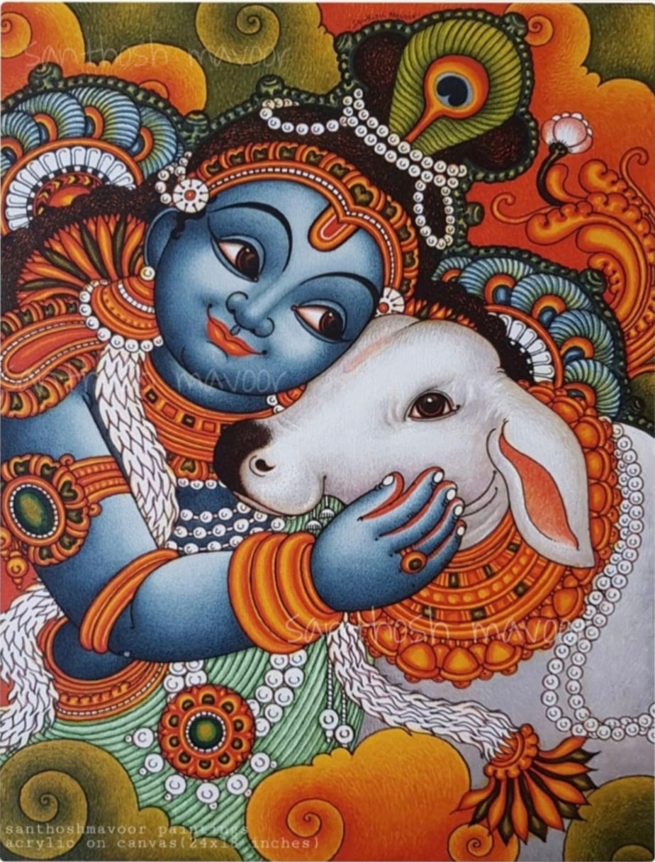 Buy Handmade Krishna With Cow Mural Oil Painting on Canvas Online ...