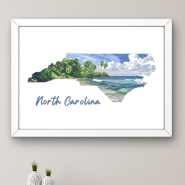 North Carolina State Flower Wall Art Print - Beach Coastal NC State Map Outline Decor, Wedding Housewarming Gift, 2 Prints, Poster