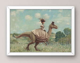 Victorian Lady Riding Dinosaur Print - Home Decor, Nursery,  Office Wall Art - Digital Download Retro Woman Art Print, Dino Wall Decor #H63
