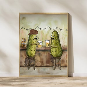 Pickle Gentlemen having a beer Wall Art, Printable Kitchen Décor, Whimsical Funny Pickle Print Mancave Décor Mustache Pickles at Bar #H26