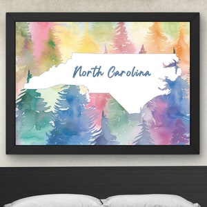 Stampa artistica da parete dello stato della Carolina del Nord - Alberi Mappa dello stato della Carolina del Nord Silhouette Decor, regalo di inaugurazione della casa per matrimoni, set di 2 stampe, poster digitale #H25