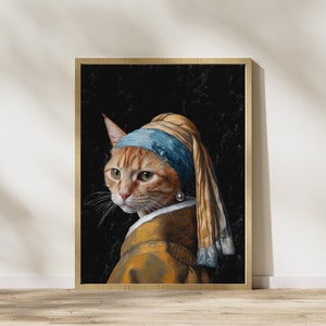 Girl With A Pearl Earring Johannes Vermeer parody wall art Digital Download Cat with a Pearl Earring inspired by Johannes Vermeer #P145