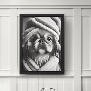 Pekingese Dog Bathroom Wall Art, Pekingese dressed in bathrobe, Funny Animal Print, Modern Home Decor, Kids Bathroom Minimalist Print #C60