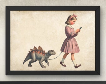 Vintage Girl walking Dinosaur Print with Cell Phone - Home Decor, Nursery,  Office Wall Art - Jurassic Pet Dino on Leash Art Wall Print #H32