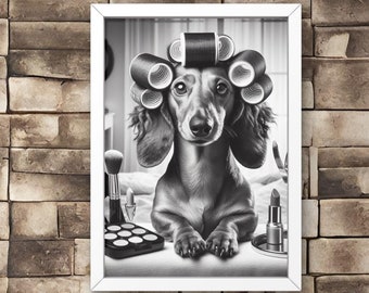 Arte de pared para baño con perro salchicha, Doxie Weenie con rulos en la decoración del tocador, maquillaje, regalo para amantes de los perros, regalo moderno para inauguración de la casa n.° X624