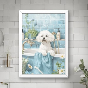 Bichon Frise Dog in Bathtub Printable Wall Art | Dog Taking a Bath in Tub Photo Bathroom Art Print | Modern Home Décor, Maximalist #BR537