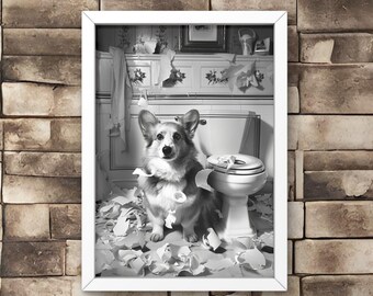 May include: Black and white framed print of a Corgi dog in a bathroom, surrounded by shredded toilet paper. The dog is sitting near a toilet, with a mischievous expression. The print is mounted on a brick wall.