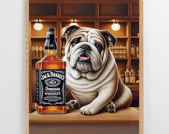 English Bulldog Bar Print: Jack Daniels Whiskey, Dog Lover Gift