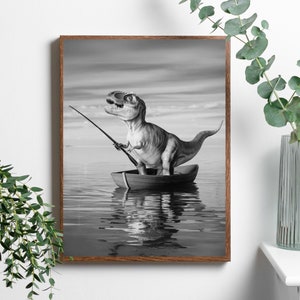 T-Rex Dinosaurier Wandbild, Dino am Seehaus Dekor, Dino am See beim Angeln, Hütte Kunst am See, Décor Camping Poster, Geschenk für Dinosaurier Liebhaber #H518