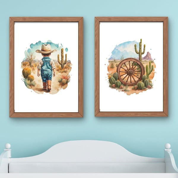 Cowboy Desert Themed Nursery Room Wall Art - Tiny Cowboy in Boots with Wagon Wheel and Cactus Decor - Western Playroom Print