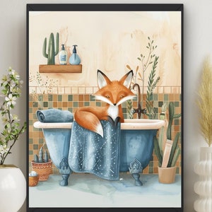 Red Fox in Bathtub Printable Wall Art, Woodland Animal Print, Guest Bath Kids Decor, housewarming gift, Fox in Tub Poster, unique #BR301