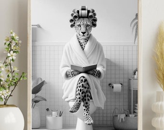 Cheetah Big Cat Bathroom Wall Art, Cheetah on Toilet Reading Book, Bathrobe, Curlers in Hair, Décor Toilet Humor, Jungle lovers gift #X291