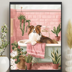 May include: A framed art print depicts a dog relaxing in a bathtub. The dog has brown and white fur and is lying on a pink towel. The bathroom has pink brick walls and is decorated with potted plants. A white vase with flowers is on a wooden shelf.
