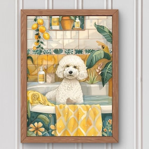 Poodle Dog in Bathtub Printable Wall Art |  Poodle Taking a Bath in Tub Bathroom Art Print | Modern Home Décor Botanical Spa Decor  #BR100