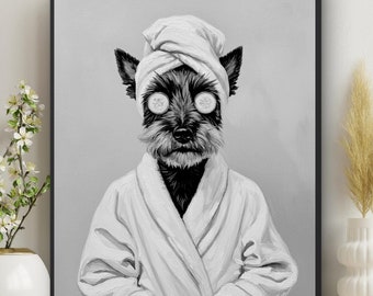 Scottie dog wall art, Bathroom Print, Scottish Terrier in bathrobe,  Dog lover gift, bathroom wall art, Scottie print, funny animal  #C26