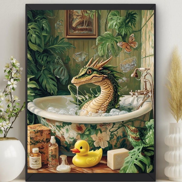 Arte de pared imprimible con dragón de fantasía en la bañera. Impresión decorativa para baño con dragón tomando un baño de burbujas. Baño de invitados para niños, spa botánico #BR189