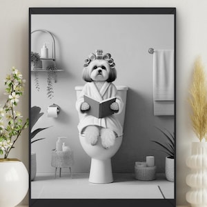 Lhasa Apso Dog in Bathroom Wall Art, Dog on Toilet Reading Book Print, Bathrobe, Hair Rollers Décor Funny Toilet Humor, dog lovers #X204