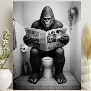 Bigfoot sitting on Toilet Bathroom Wall Art, Bigfoot Reading Alien newspaper | Sasquatch Bathroom Art Print | Funny decor for Kids #BF01