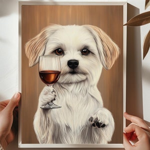 マルチーズ犬のアルコールバーカート装飾、ワインを飲む犬のウォールアート、新築祝いのギフト、ミニマリストデザイン、キッチンプリントポスター、ユニーク #AL52