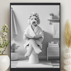 Golden Doodle Dog in Bathroom Wall Art, Dog on Toilet Reading Book, Bathrobe, Hair Rollers, Bathroom Décor Funny Toilet Humor, lovers #X504