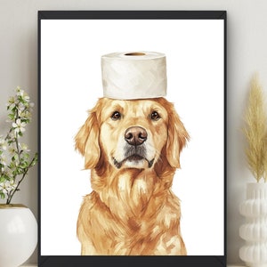 Sztuka łazienkowa, pies rasy golden retriever, papier toaletowy, sztuka ścienna do łazienki, sztuka łazienkowa dla dzieci, prezent dla miłośników psów, dekoracja ścienna do łazienki, zwierzę #X531