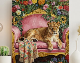 Elegant Lioness Maximalist Oil Painting, Big Cat Dopamine Poster, Kitsch Wild Animal Eclectic Floral Print, Lion Printable Wall Art #N03