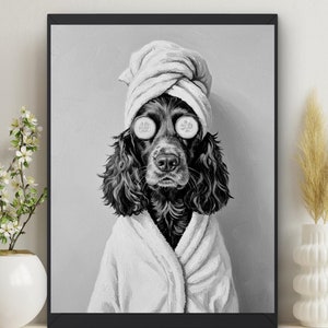 May include: A black and white illustration of a dog wearing a white bathrobe and a white towel on its head. The dog has cucumber slices over its eyes.