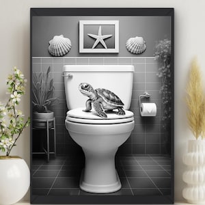 Turtle on Toilet Bathroom Art Print: Quirky Coastal Decor (Digital Download) #X59