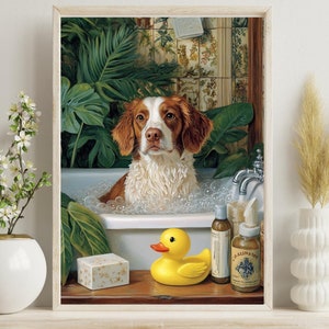 Arte de parede para impressão de cachorro spaniel bretão na banheira, cachorro tomando banho na banheira, arte botânica para spa de banheiro, presente para amantes de cães #BR149