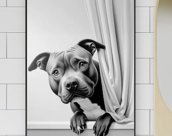Pitbull Terrier Dog Bathroom Wall Art, Dog Peeking out of  Shower Curtain, Dog Bathroom Art Print, Funny Dog wall art, bathroom humor #X208