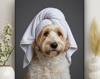 Sheepadoodle Dog Print: Dog in Headwrap, Bathroom Wall Art, Poodle Sheepdog Poster, Guest Bath Decor, Bathroom Print (Digital Download) #C24