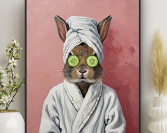 Bunny Rabbit wall art, Hare in bathrobe, Bathroom Print, Funny animal print, bathroom decor, Guest bath kids Poster #C32